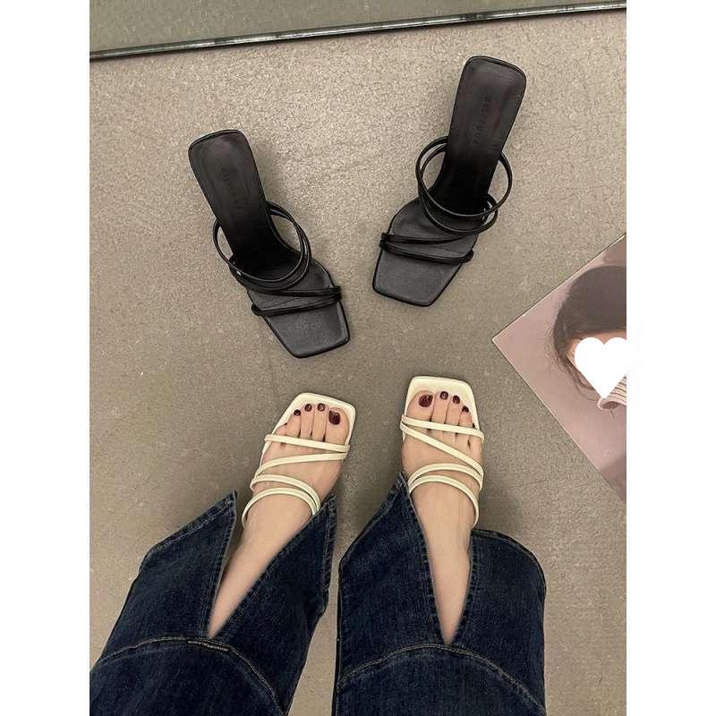 Black one-word sandals 2025 new summer high heels French women's shoes thin heel square head sandals tide