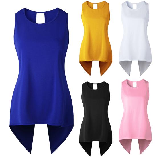 Sexy Lady Solid Color Sleeveless Round Neck Back Slit Irregular Hem Vest Tank Top