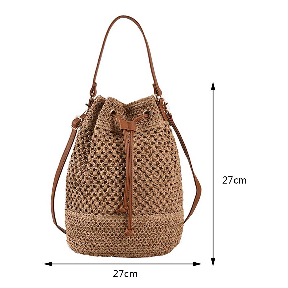 Stroh-Schultertaschen Kordelzug Damen Stroh-Beuteltasche Handtasche Raffia Gewebte Stroh-Handtaschen Lässige Boho-Strand-Umhängetasche