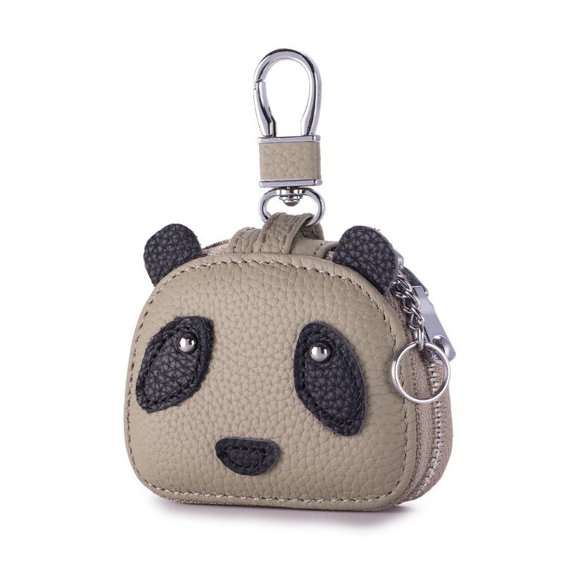 Leather compact key bag New panda bluetooth headset protective case First layer cowhide waist hanging universal key bag