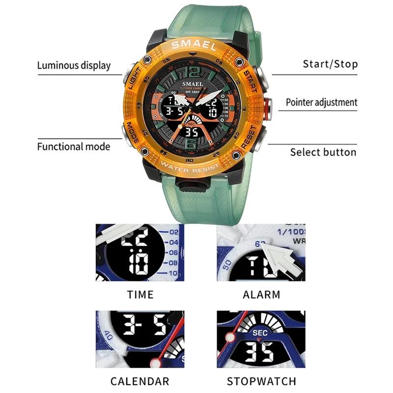 Sport Watches Waterproof SMAEL 8058 Male Clock Digital LED Display Quartz Analog Stopwatch Fashion Green Orange Clock Men Watch