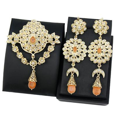 Chic Orange Kristall Frauen Brosche Set Arabisch Braut Hochzeit Schmuck Hijab Pin Runde Blume Brosche Bijoux