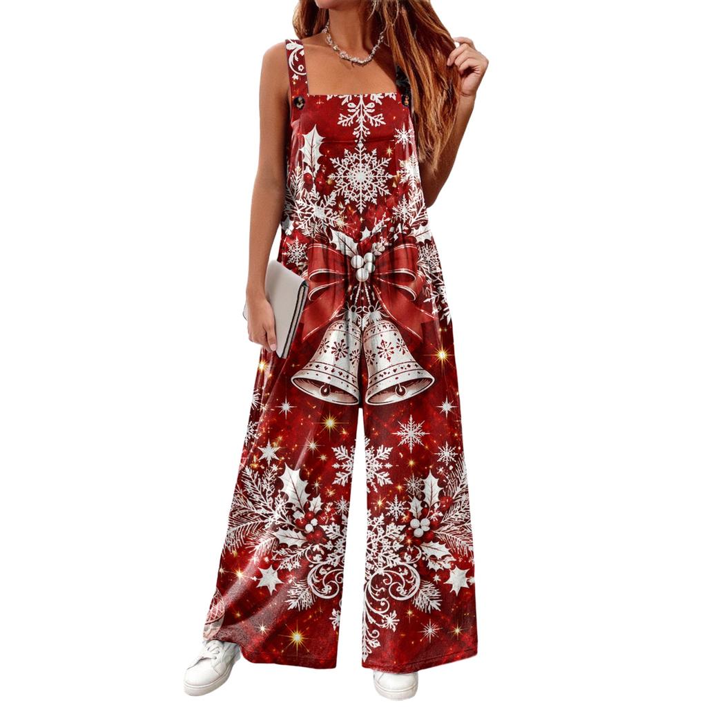 Women's Casual Sleeveless Cotton Jumpsuit with Christmas Print for Holiday Parties and Everyday Wear