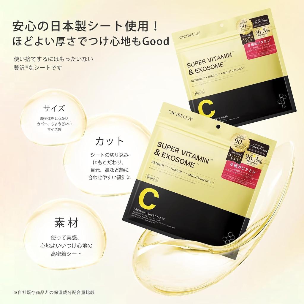 Shisibella Face 30 Made In Large Retinol Human Stem Cell Exosome High Dry Vitamin C Daily Mask Sheets X 1 Super Vitamin X Mask, Sheets, Japan,