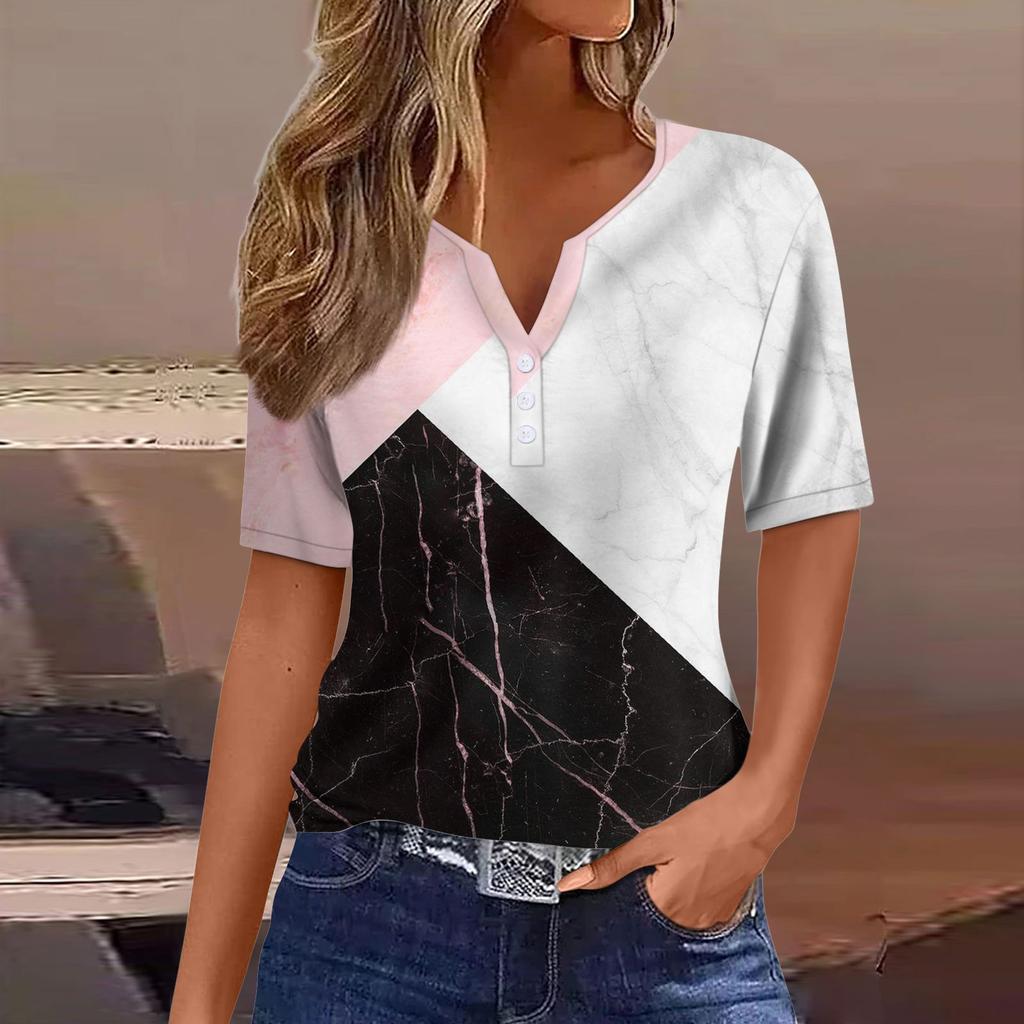 Women Casual Vintage Patchwork Print V Neck Short Sleeve T Shirt Top with Decorative Buttons Lightweight Soft Fabric