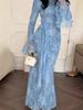 Autumn 2025 Blue Lace Waist-Cinching Long-Sleeved Women's Dress