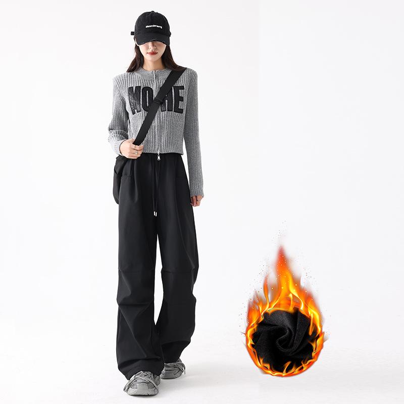 

Women s Plus Velvet Thickened Workwear Sweatpants - New Autumn/Winter 2025, American Casual Wide-Leg Pants S чёрный