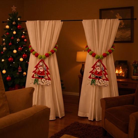 1 Pair Xmas Charm Curtain Tiebacks Wooden Bead Christmas Curtain Ties Beaded Curtain Holdbacks for Drapes Living Room Bedroom Nursery Decor