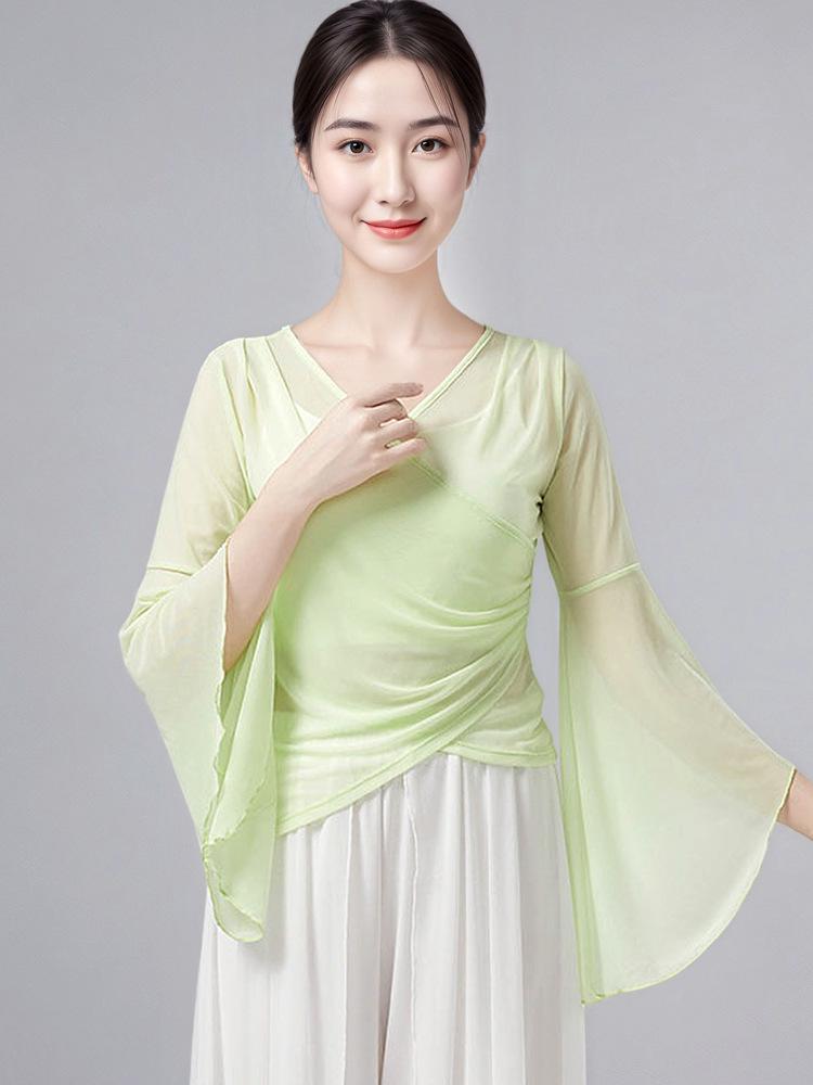 Women's Classical Chinese Dance Bell Sleeve Top - Sheer, Long Sleeve, Body Shaping Dancewear for Adults