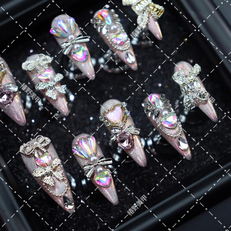 Sweet Girl Press-On Nails With Heart Bow Rhinestone Design Long Almond Shape Acrylic False Women