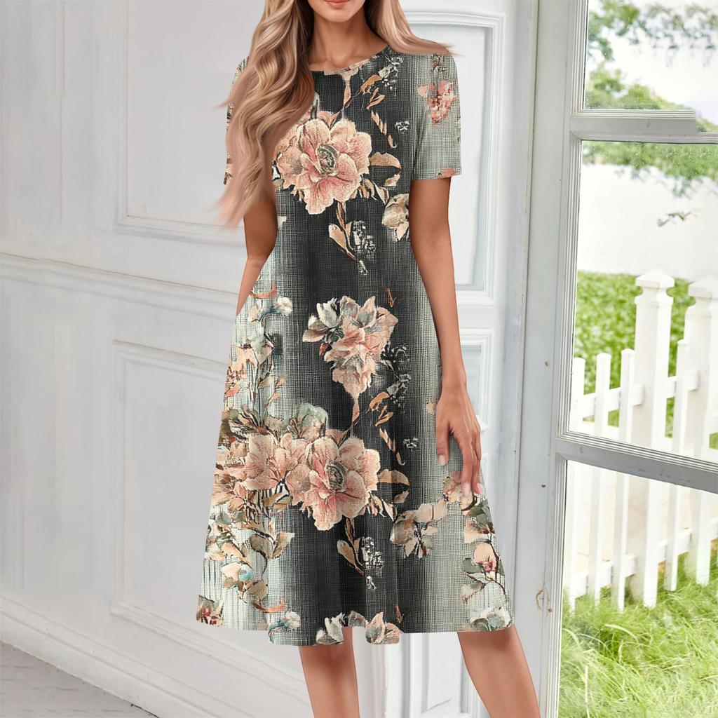 Women's Casual Fashion Round Neck Short Sleeve Print Midi Dress