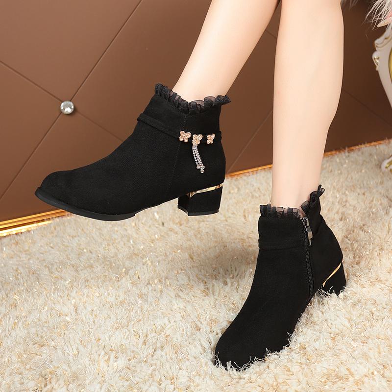 Fall Winter Faux Suede Short Boots Women Round Toe Thick Heel High Fleece Lined Warm Cotton Shoes Mid Low Heel Women