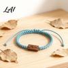 Simple Two Tone Woven Cord Adjustable Rope Bracelet with Wooden Charm Ocean Wave/Mountain for Durable Wear Resistant String Wristband Women