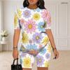 Women Plus Size Rose Floral Printed Round Neck Short Sleeve Top And Fitted Shorts Two Piece Set