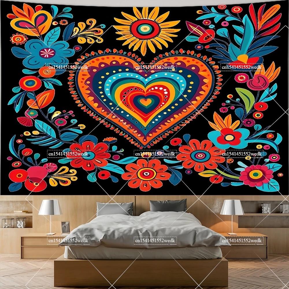 Mexiko Blumenteppich Mexikanische Pflanze Blumen Stickerei Ethnisch Otomi Vögel Wandteppiche Ästhetische Raumdeko Illustrationen Hintergrund