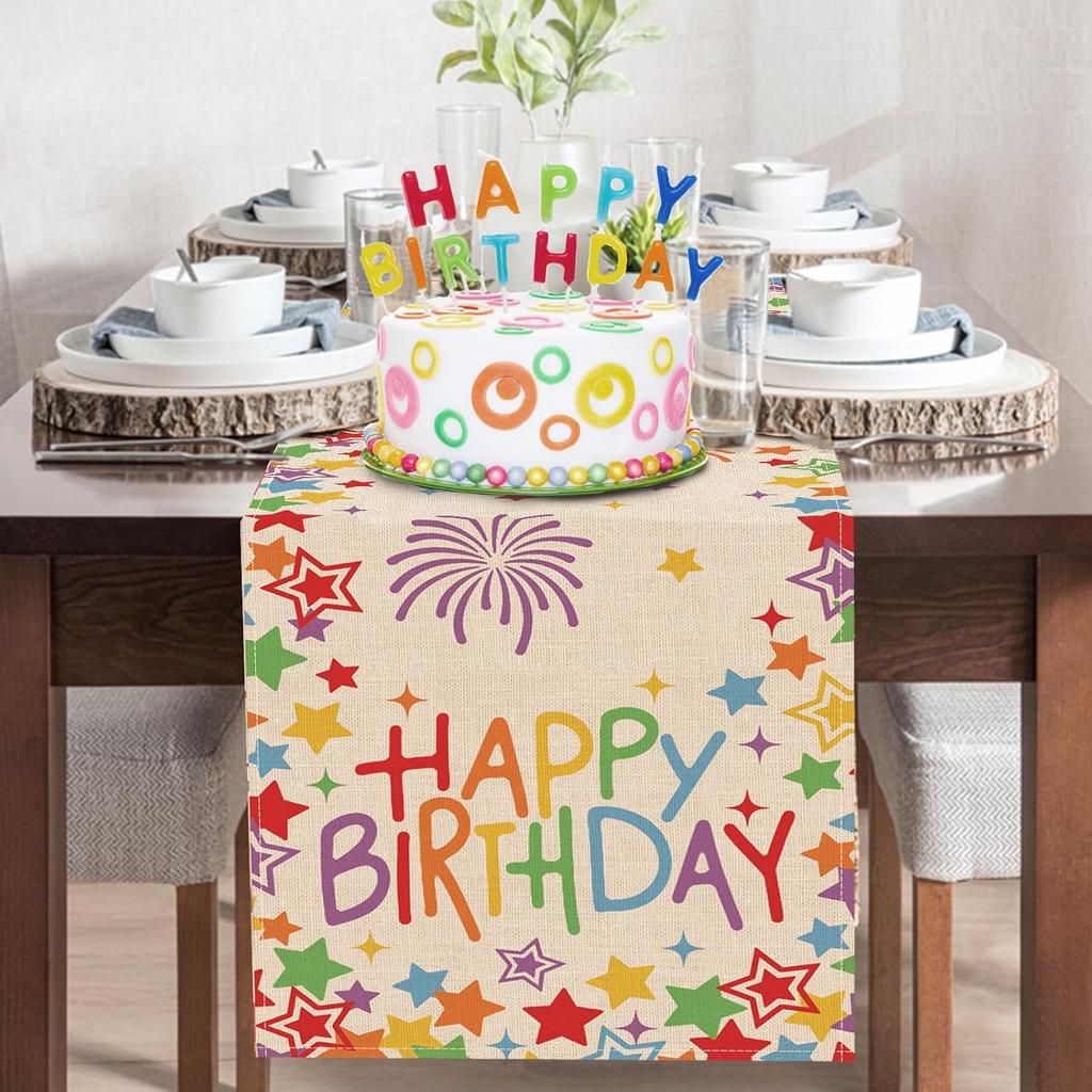 Happy Birthday Colorful Stars Linen Table Runner Party Decor Reusable Kitchen Dining Table Runner for Home Party Birthday Gifts