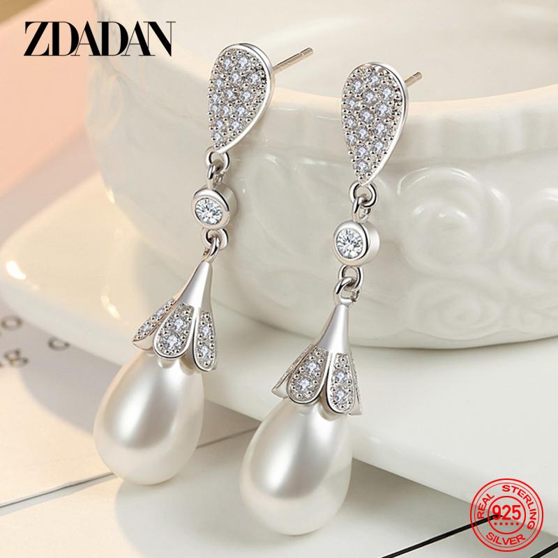 

925 Sterling Silver Pearl Zircon Long Dangle Earrings for Women Fashion Wedding Jewelry Party Gift
