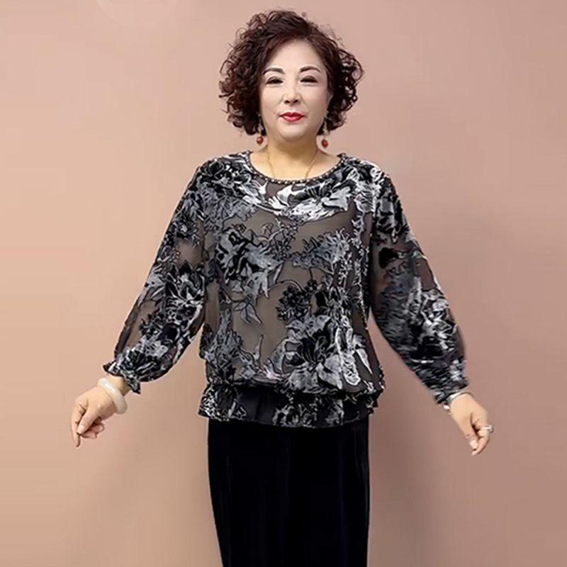 Spring and Autumn Women's Plus-Size Blouse Loose Fit Printed Silk Blouse Round Neck Floral Velvet Blouse