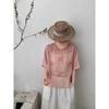 Women Floral Embroidered Round Neck Half Sleeve Linen Cotton Blend Blouse