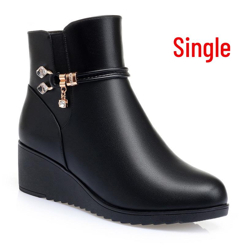 Vielseitige Damen Leder Keilabsatzstiefel in Übergröße - Weiche Sohle, Baumwolle, Plus Samt Warm, Herbst/Winter