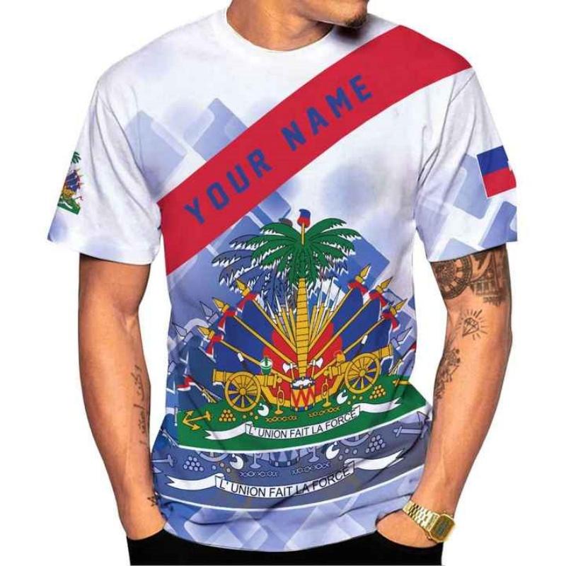 Haiti National Emblem Pattern T-Shirt For Men Customized 3D Printed Tees Summer Casual Loose T Shirts O-Neck Top Short Sleeves