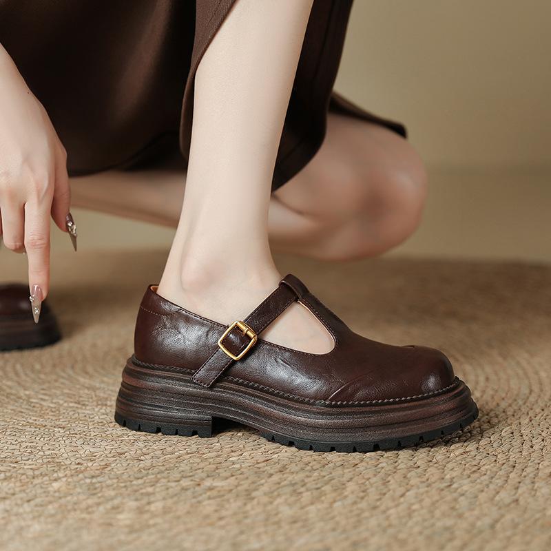 French retro Mary Jane women's shoes 2025 spring new small one-word buckle single shoes thick-soled thick high-heeled leather shoes