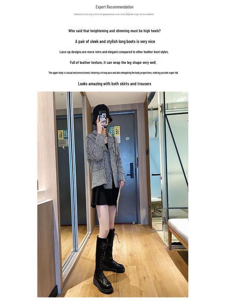 Women's Black Leather Thigh-High Lace-Up Platform Boots - Over-the-Knee, Height-Enhancing, Riding Martin Style