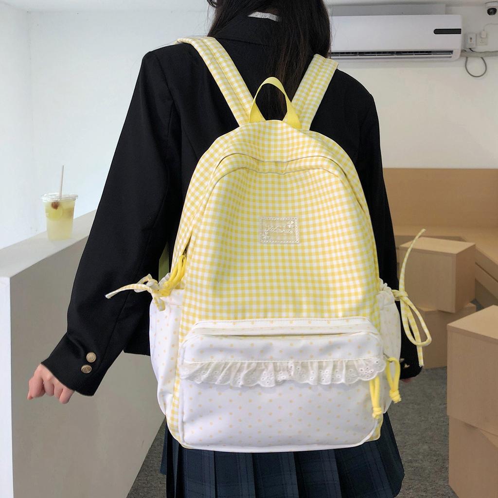 Schoolbag Korean ins Fresh Plaid Polka Dot Backpack Girl Heart Lace Small School Bag Junior High School College Student Commuter Bag
