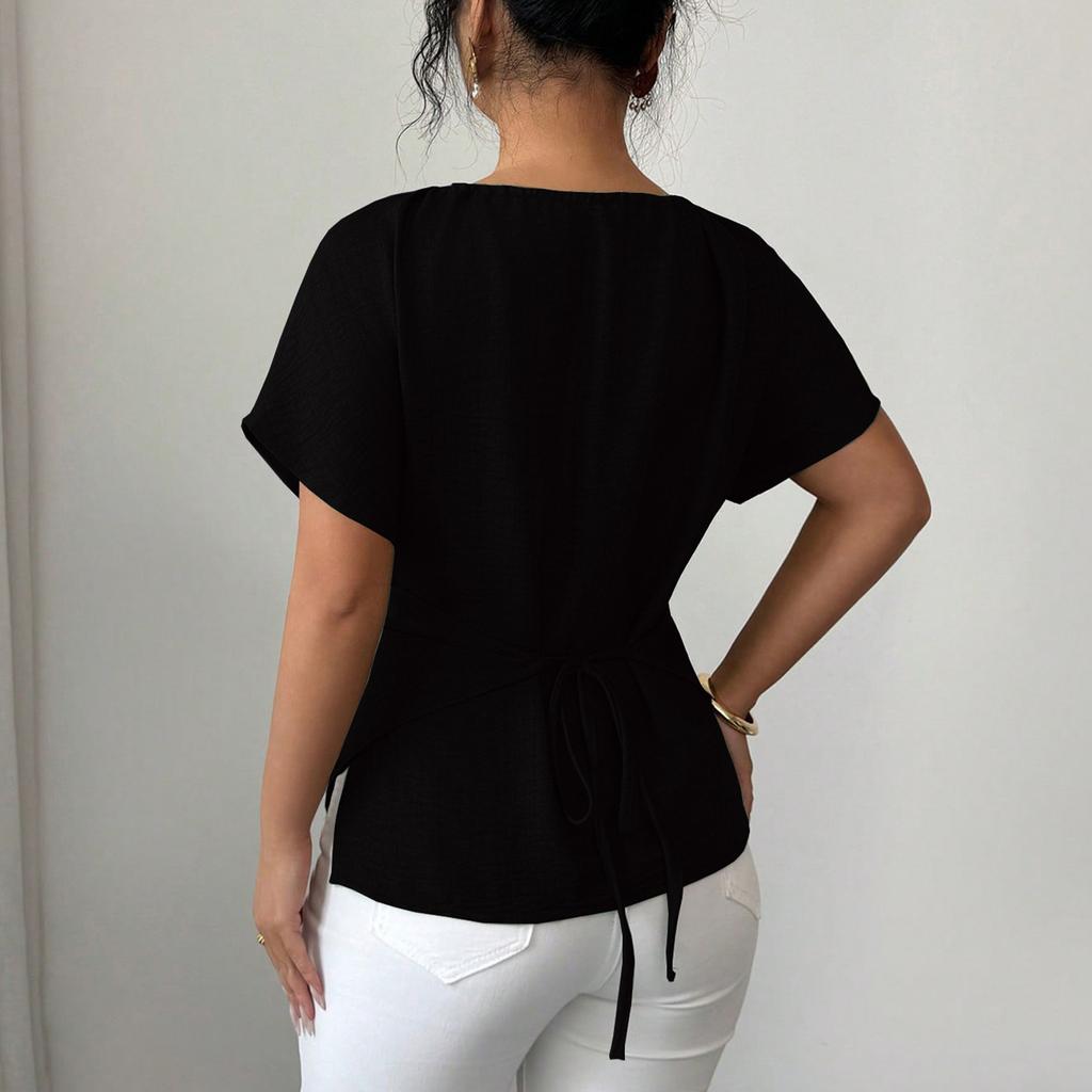 Ladies' Fashionable Casual Short Sleeved Slim Fit Cross Casual Temperament Top