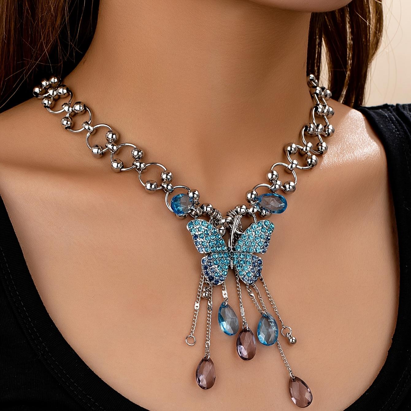 1PC Sweet and Cool Spice Girl Temperament Metal Material Psychedelic Full Diamond Butterfly Shape Tassel Chain Neck Necklace