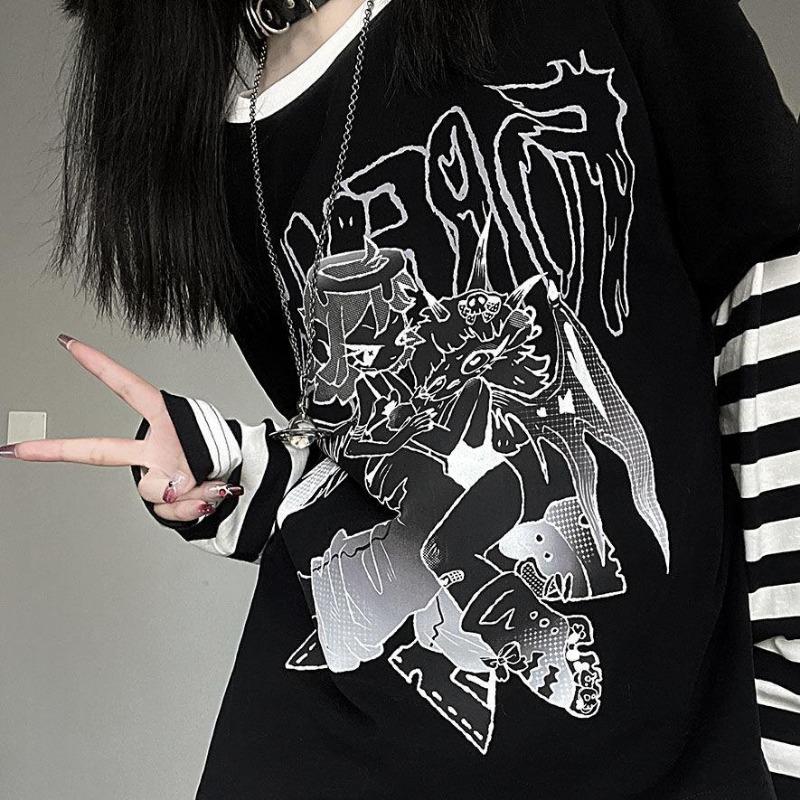 2KWEIRD Harajuku Woman Tshirts Shirts for Women Japanese Tees Ropa Mujer Patchwork Striped Casual Punk Y2k T-Shirt Oversized Tops