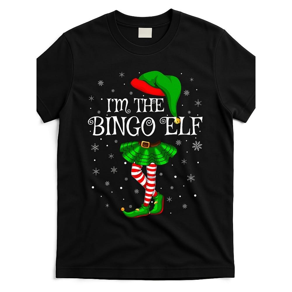

I m a Bingo Elf Christmas T-Shirt Black Short Sleeve Cotton T-Shirt with Bingo Elf and Snowflake Print Loose Shirt S