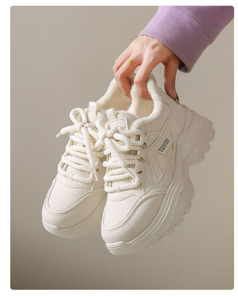 Fleece-Lined Leather Women's Sneakers: Trendy, Lightweight, Height-Boosting Casual Winter Shoes