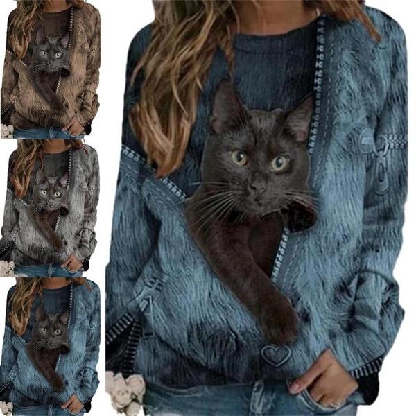 Plus Size Fashion Women's Round Neck Long Sleeve Shirts Basic Lightweight Pullover Tops Casual Cartoon Cat Printed Blouses