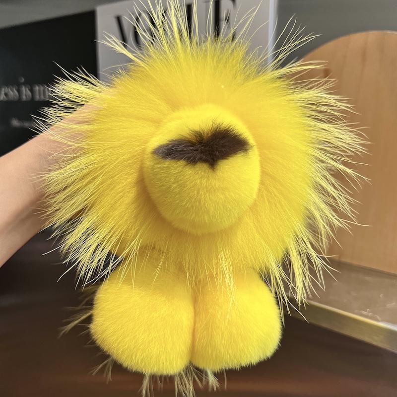 Cute Lion Real Rex Rabbit Fur Keychain Plush Toys Trinkets Women Bag Ornaments Pendant Car Keyring Rearview Mirror Decoration