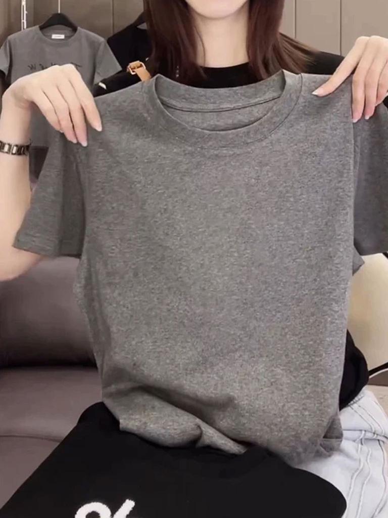 Women's Crew Neck Short Sleeve T-Shirt Loose Fit Heavyweight Cotton Knit Top Cute Knit Beanie W Letter Print Gray Casual Summer Ladies Basic Tee