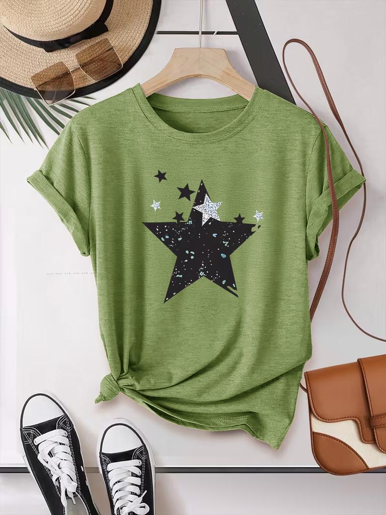 Summer Short-sleeved Star-shaped Printed Fashionable Street All-match Casual Sports Top Round Neck