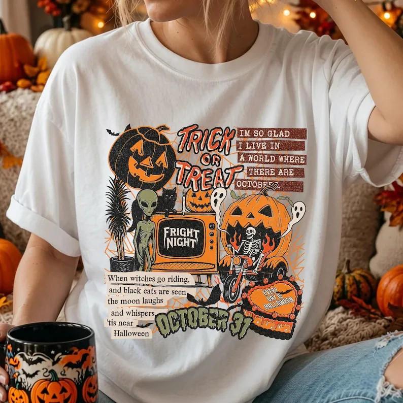 Trick Or Treat Fright Night Shirt Vintage Halloween Collage Graphic Tee October