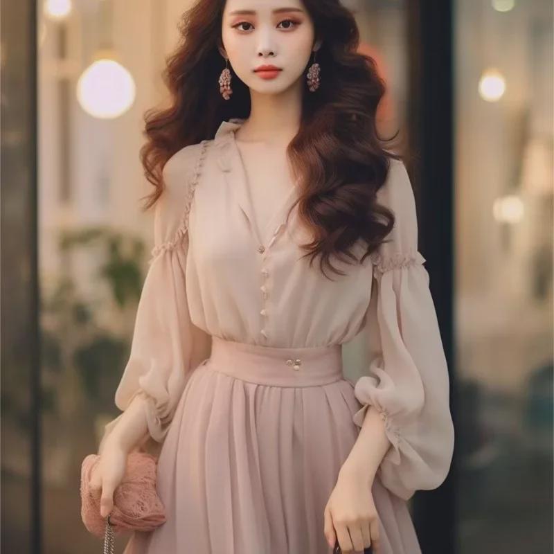 2024 Women's Elegant Lantern Sleeve Chiffon Two-Piece Set: Spring/Autumn Shirt & Skirt