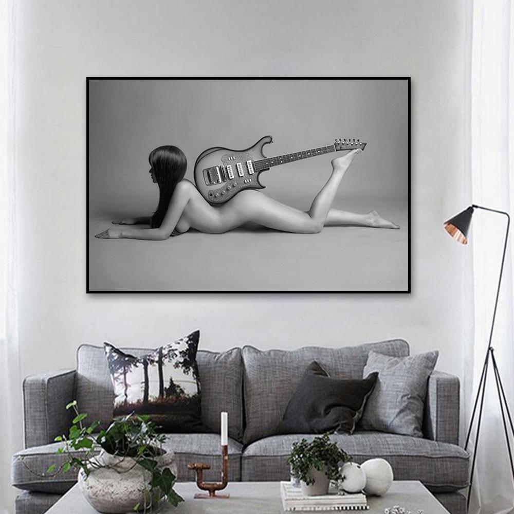 White Blcak Guitarist Wall Art Canvas Paintings Posters Wall Canvas Prints Sexy Women Picture for Living Room Home Decoration