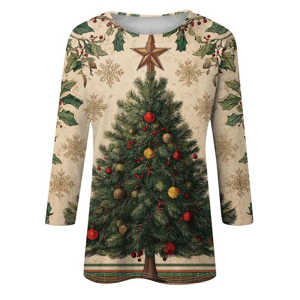 Women's Fashion Casual Round Neck Three-quarter Sleeve Christmas Print T-shirt Top