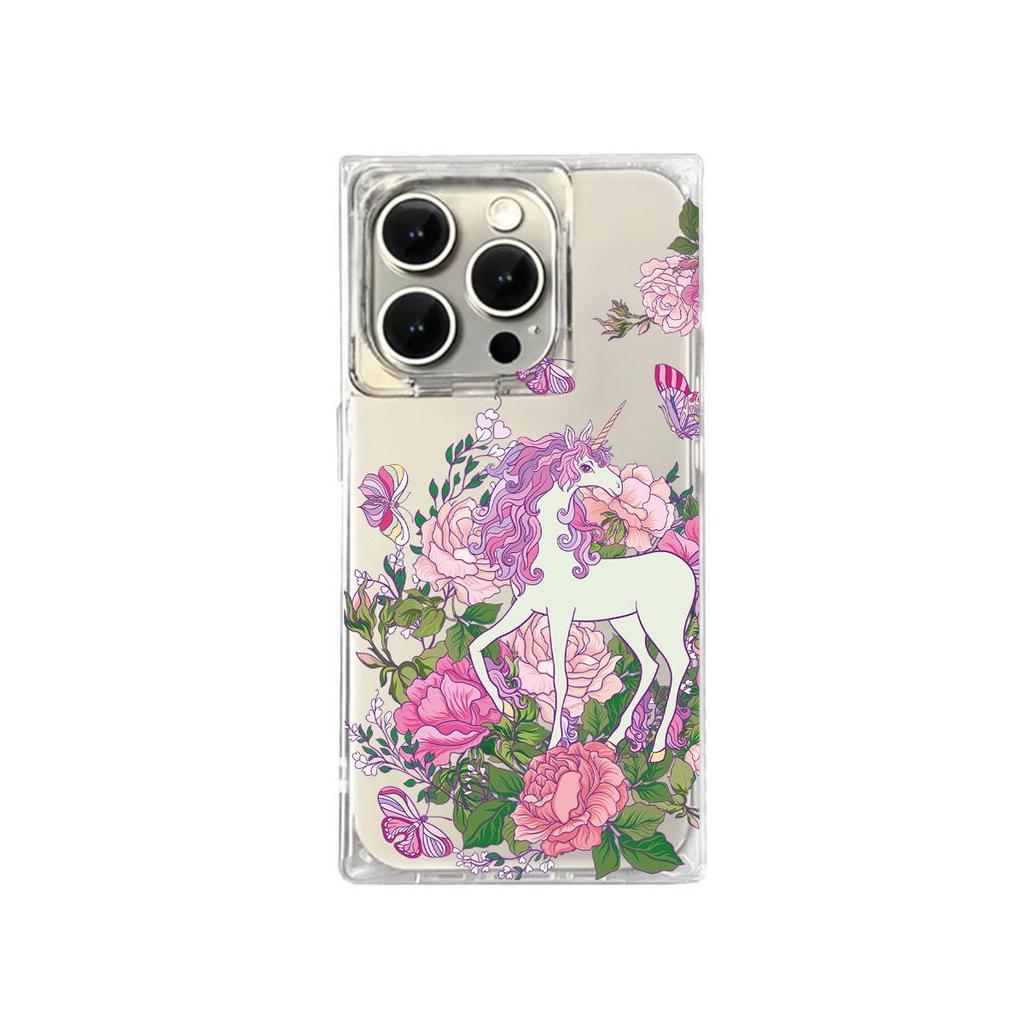 Clear Square Back Tube Case Protection For iPhone 13 14 Pro Max 16 ProMax 15 Plus 12 11 Anti-Oxygen,Butterfly Unicorn Pattern Casing