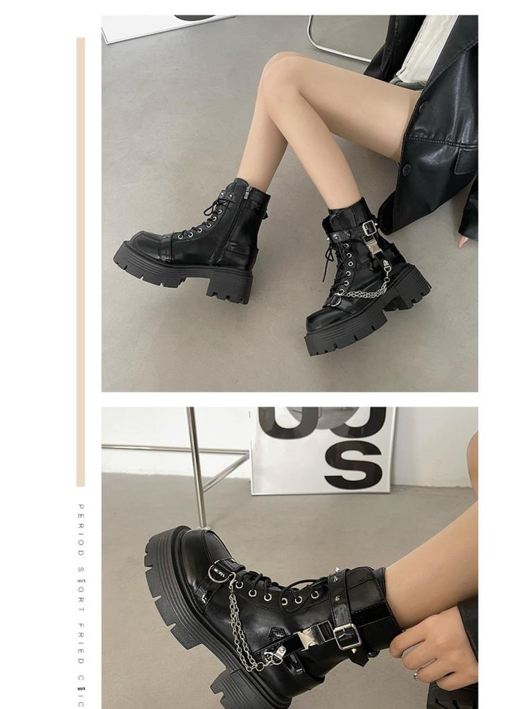 Damen Schwarze Plateau Martin Boots - Britischer Stil Knöchel, Motorrad, Höhenverstärkend - 2025 Frühling/Herbst Kollektion