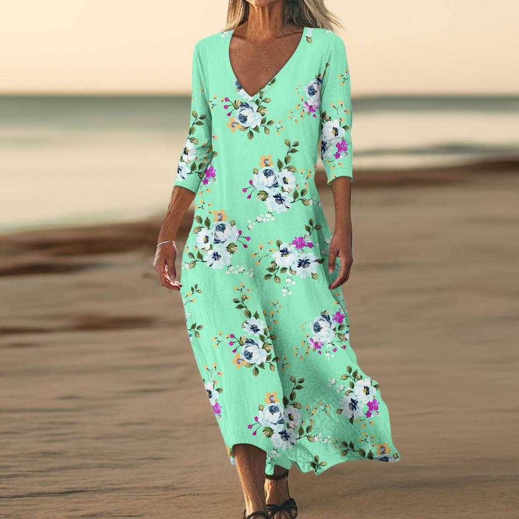 Dresses For Womens Vintage Print Tunic Waisted Midi Dress Summer Casual  3/4 Sleeve Dress