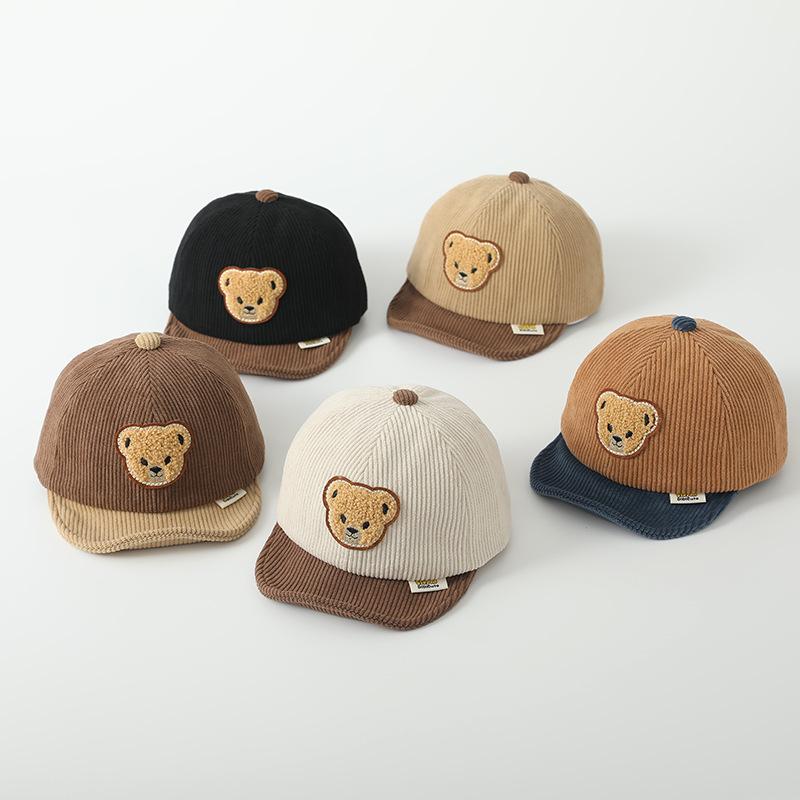 Striped Baseball Cute Baby Bear Cap Cartoon Soft Brim Cotton Infant Boy Girl Peaked Cap Autumn Winter Corduroy Warm Toddler Hats