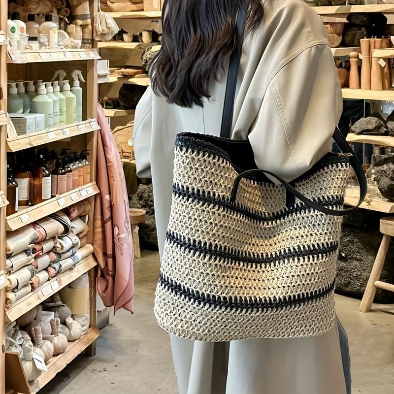 1pcs Bohemian Striped Woven Tote Bag Retro Straw Handbag Large Capacity Fashionable Shoulder Bag Travel Beach Bag