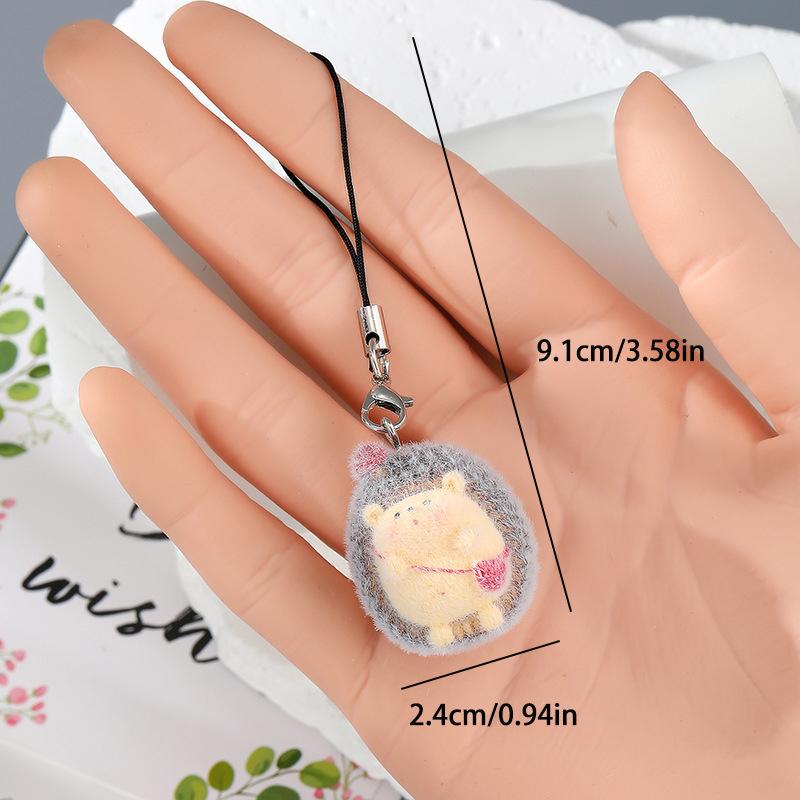 Fun Cartoon Flocking Animal Keychains Phone Lanyard Resin Cute Hexagonal Hedgehog Hippos Bag Earphone Case Pendant Girls Gift