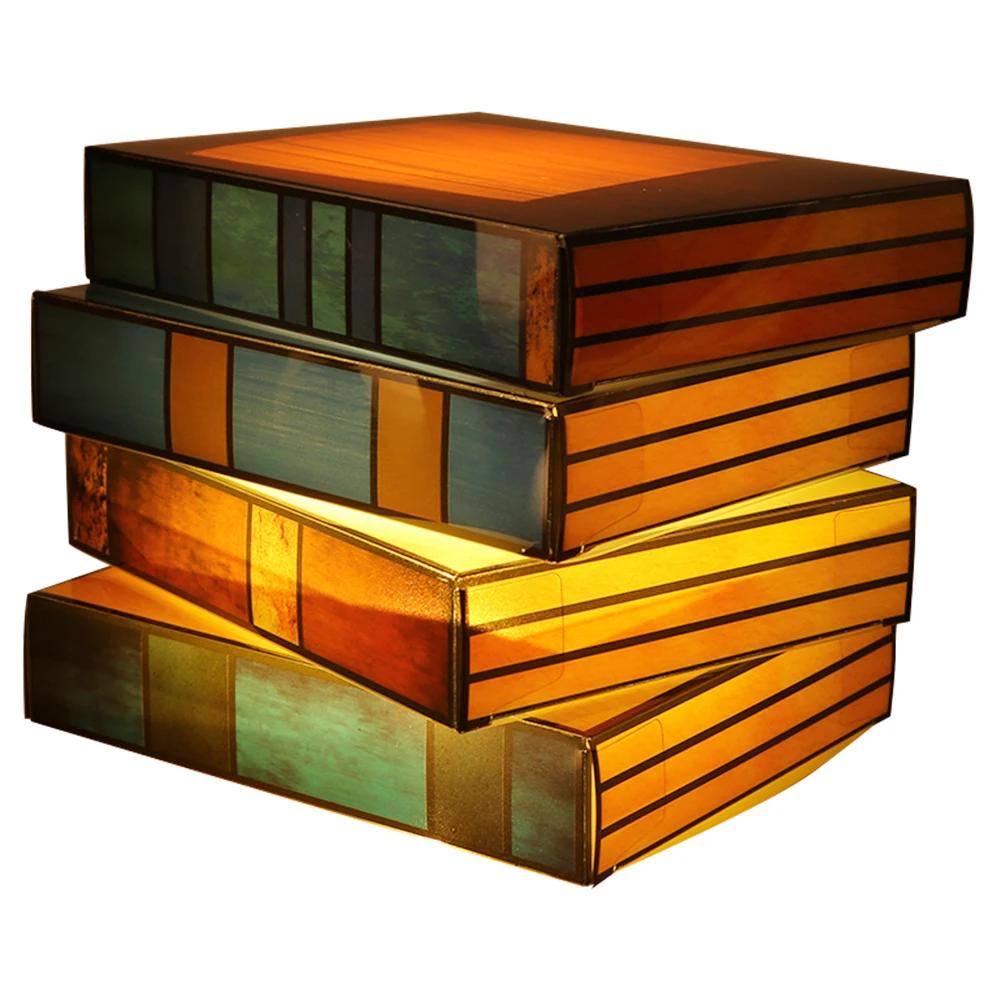 Vintage Stacked Books Lamp Decorative Handicraft Stacked Books Light Stained Glass Table Reading Light Nightstand Desk Lamps