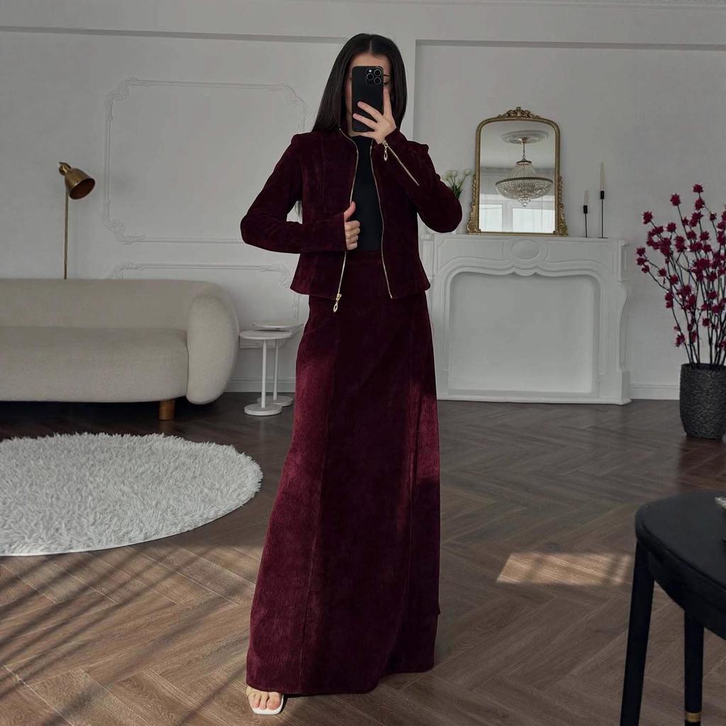 2025 Autumn Women's Suede A-line Woolen Dress with Zipper - Fashionable Long Sleeve Office Wear
