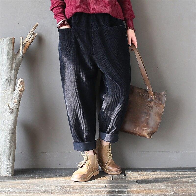 

Весенние вельветовые брюки Johnature с эластичной резинкой на талии, теплые свободные повседневные брюки One Size чёрный